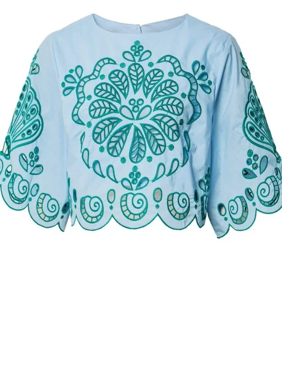 Farm Rio Light Blue And Green Graphic Richelieu Crop Top - Picture 4 of 9